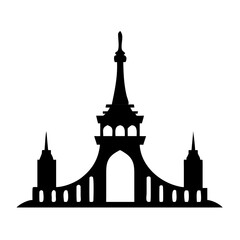 Fototapeta premium Silhouette of an ornate tower with multiple spires and arched entrance, isolated on