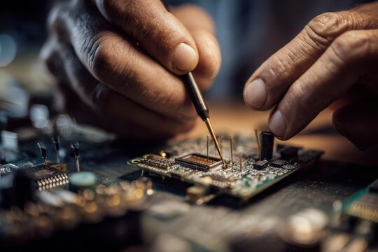 Close-up of hands repairing computer circuit board with a soldering iron for electronics repair and service with technology concept for maintenance purposes.