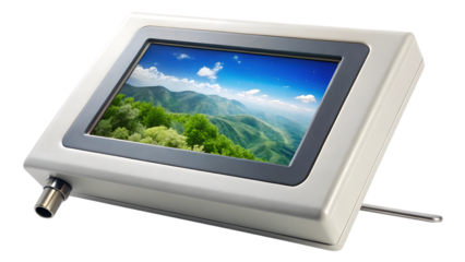 A modern digital display device with a vibrant landscape image of green mountains and blue sky shown on its screen, isolated on a transparent background