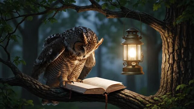 A wise owl reads an illuminated book on a tree branch under the glow of a lantern at night