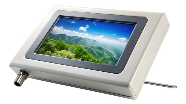 A modern digital display device with a vibrant landscape image of green mountains and blue sky shown on its screen, isolated on a transparent background