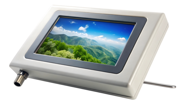A modern digital display device with a vibrant landscape image of green mountains and blue sky shown on its screen, isolated on a transparent background