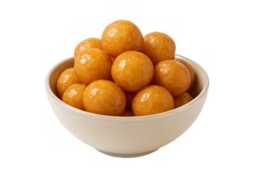 Glazed donut holes filling a white bowl. Sweet pastry or luqaimat offering a tempting snack or dessert on a transparent background
