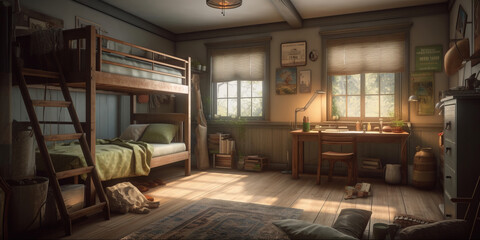 Fototapeta premium Cozy farmhouse children room with wooden bunk bed, study desk, warm sunlight through windows, and rustic vintage details creating a peaceful and nostalgic feeling