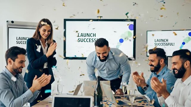 Successful business team celebrating a product launch with confetti.