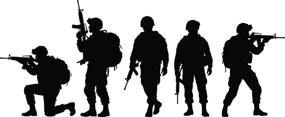 Group of armed soldiers standing and aiming in different combat positions, military team silhouette illustration for army, defense, security, and tactical operation concept