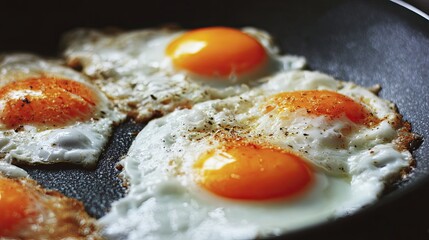 Close-up of fried eggs in a frying pan
