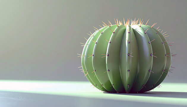 Cactus: The image presents a singular, vibrant green cactus, its spherical form adorned with a pattern of spines, against a subtly lit background