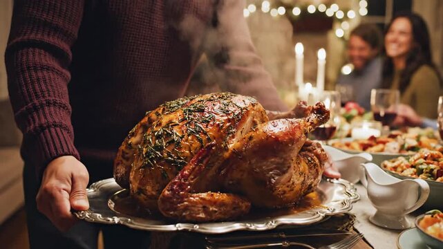Proud Father Presents a Steaming Roasted Turkey to a Joyful Family Holiday Dinner Celebration