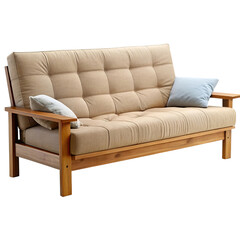 Fototapeta premium A comfortable tan futon sofa with wooden frame and two pillows, isolated on transparent background
