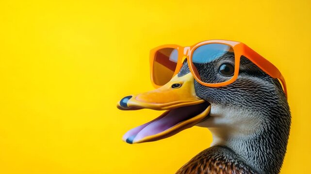 Funny Duck Wearing Orange Sunglasses on Yellow Background