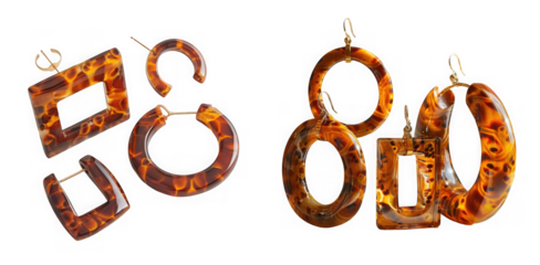 Collection of stylish tortoise shell hoop and geometric earrings isolated on transparent background