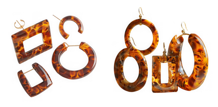 Collection of stylish tortoise shell hoop and geometric earrings isolated on transparent background