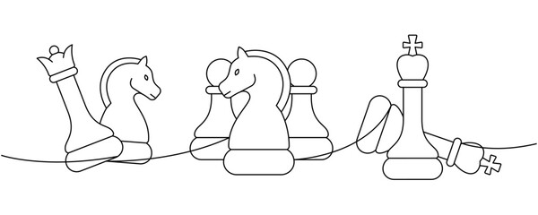 Obraz premium Minimalist chess line drawing of knights, pawns, and a fallen king in abstract design