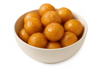 Luqaimat sweet dumplings in a bowl with honey syrup, traditional middle eastern dessert, transparent background