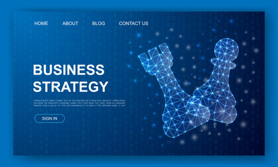 Digital chess rook and pawn glowing in low poly mesh style with business strategy banner on dark cyber background © Lifeking