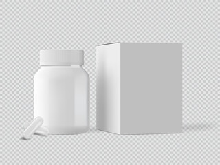White plastic pill bottle mockup, vitamin or supplement jar template. Medicine packaging with lid. Pharmacy packaging. Cardboard box and white pill capsules. Realistic set of vector 3D illustrations.