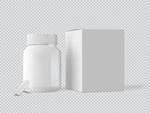 White plastic pill bottle mockup, vitamin or supplement jar template. Medicine packaging with lid. Pharmacy packaging. Cardboard box and white pill capsules. Realistic set of vector 3D illustrations.