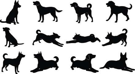 Dog silhouette vector set, canine poses and movements, black flat design, pet illustration, sitting running jumping lying down