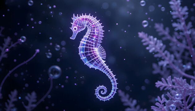 Seahorse Wireframe Hologram Glowing Violet Underwater with Bubbles and Seaweed