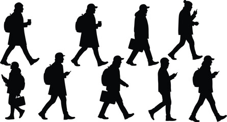 Obraz premium Walking silhouette vector set, everyday people poses, black flat design, urban movement, casual behavior illustration, modern lifestyle elements