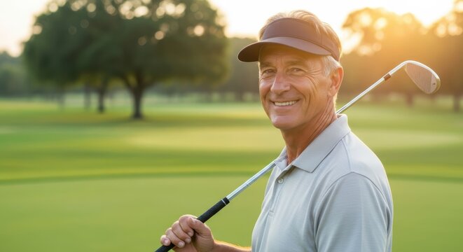 Senior man with golf club smiles confidently on lush green golf course, showcasing passion for the game and enjoying a sunny day outdoors with friends