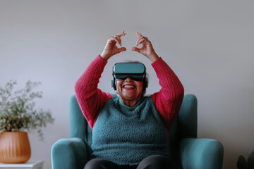 Senior woman joyfully experiencing virtual reality with headset in comfortable home setting