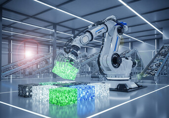 Modern Robotic Arm Industriously Sorting Luminous Data Blocks in a High-Tech Smart Factory
