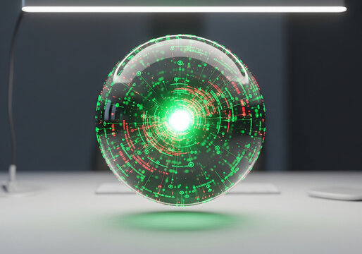 Futuristic Glass Orb Containing Glowing Green and Red Digital Code Floating on a Desk