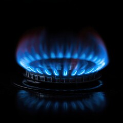 Natural gas. Blue flame of a gas stove in the kitchen. Energy crisis. On a black background.