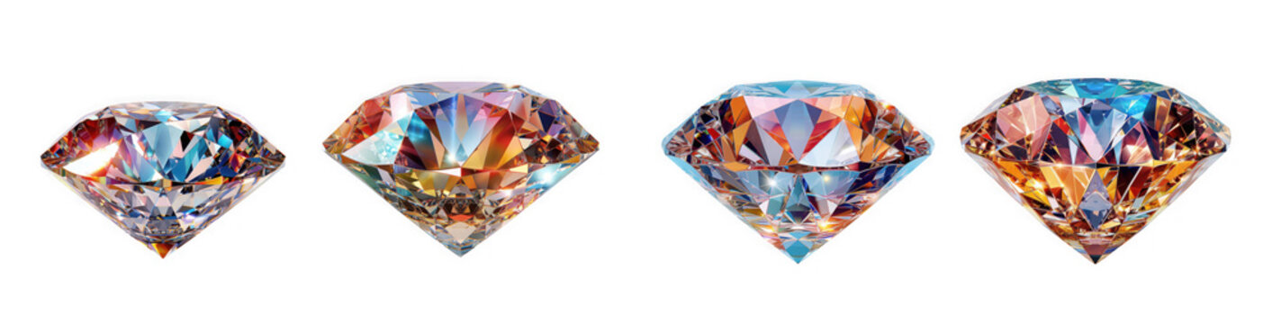 Four multicolored, brilliantcut diamonds showcasing internal fire and scintillation, isolated on transparent background