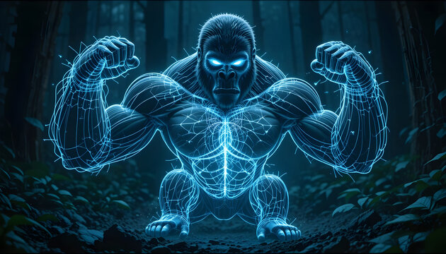 Powerful Gorilla Wireframe Hologram Glowing Electric Blue in Dark Forest - Powered by Adobe