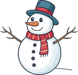 Cheerful cartoon snowman in a red hat and scarf with a broom, perfect vector illustration for a Christmas holiday and winter season decoration