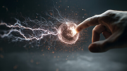 Hand fingertip touching glowing energy sphere electric sparks and lightning macro shot dramatic lighting futuristic science concept power innovation creativity inspiration dynamic motion