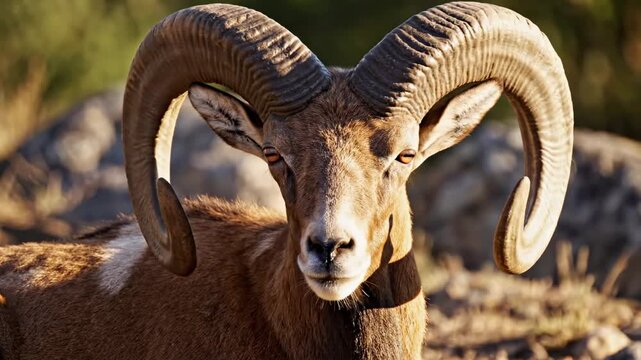 A captivating close-up portrait of a powerful wild horned animal, possibly a ram or a mountain sheep, showcasing its impressive, large, and intricately curved horns. The creature's rich brown and tan 