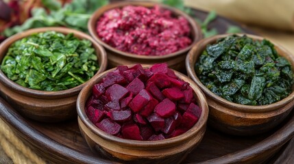 Vibrant culinary ingredients showcase fresh chopped herbs and diced beetroot in rustic wooden bowls, presenting a colorful array of natural food preparation