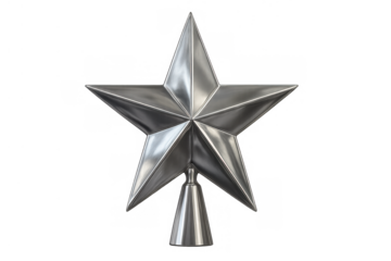 Silver five-pointed star tree topper decorating for christmas holiday display, a festive seasonal ornament element