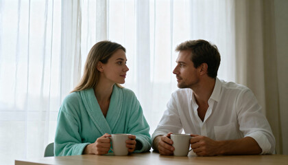 A couple having an intimate conversation over coffee in the morning at home. Man and woman looking at each other while talking at the table