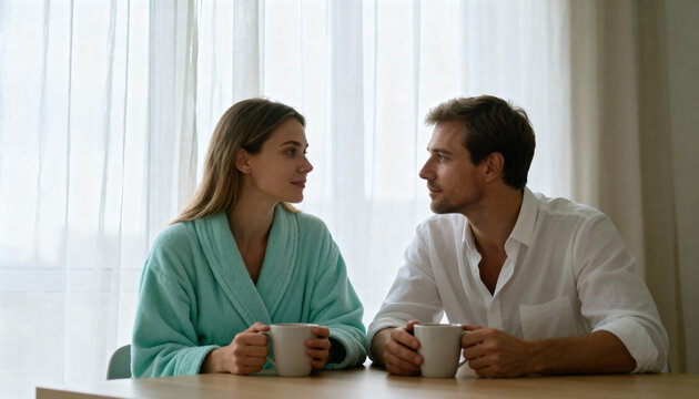 A couple having an intimate conversation over coffee in the morning at home. Man and woman looking at each other while talking at the table