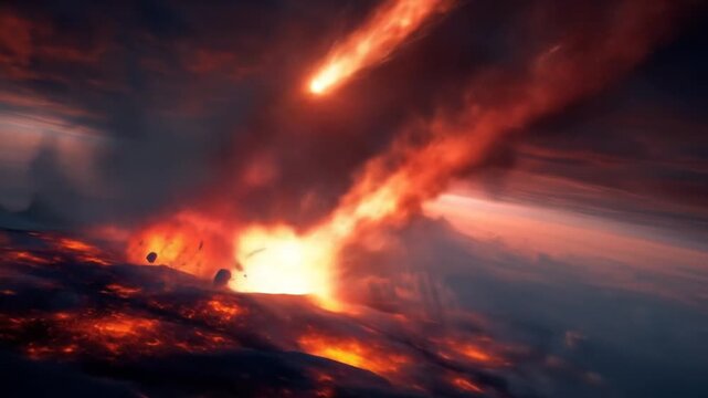 Cataclysmic meteor shower impacts planet surface, causing massive fiery explosions and glowing lava under a dark, apocalyptic sky.
