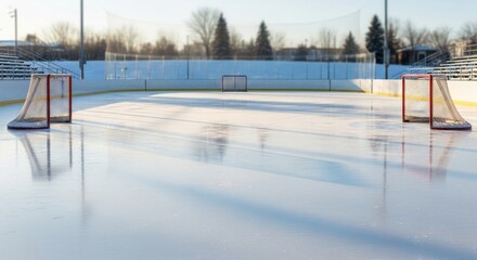 Obraz premium Empty outdoor ice skating rink with two hockey goals and empty bleachers in a sports park. Winter sport recreation area for public use and training.