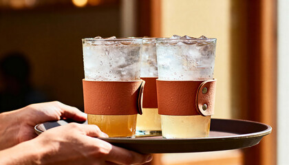 Hands serving cold summer drinks on a tray with leather glass holders. Close-up of refreshing iced beverages for an outdoor party or event