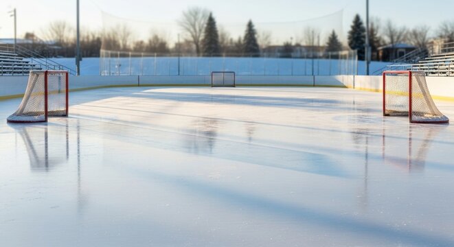 Empty outdoor ice skating rink with two hockey goals and empty bleachers in a sports park. Winter sport recreation area for public use and training.