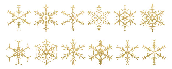 Gold glitter snowflakes collection featuring various intricate shapes isolated on a transparent background for holiday decoration