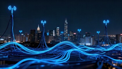 Glowing communication antennas and fiber optic cables transmitting data over a city skyline at night. Futuristic smart city with 5G network infrastructure and global connectivity