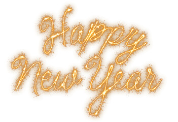 Happy New Year text in bold, handwritten gold sparkler cursive script isolated on a transparent background