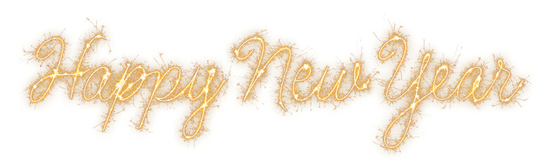 Happy New Year text in flowing gold sparkle, an isolated element for use on greeting cards, social media posts, festive invitations, or digital banners © Arma