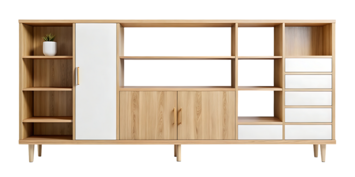 Modern wooden sideboard with white door and drawers, isolated on transparent background