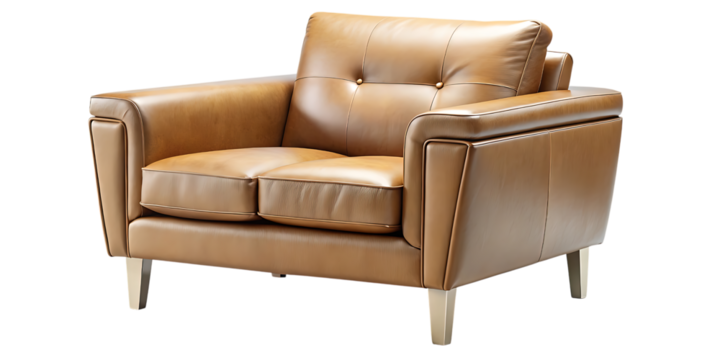 A stylish brown leather armchair with tufted back and studded details, isolated on transparent background