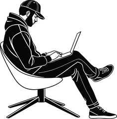 Silhouette man working on laptop vector illustration